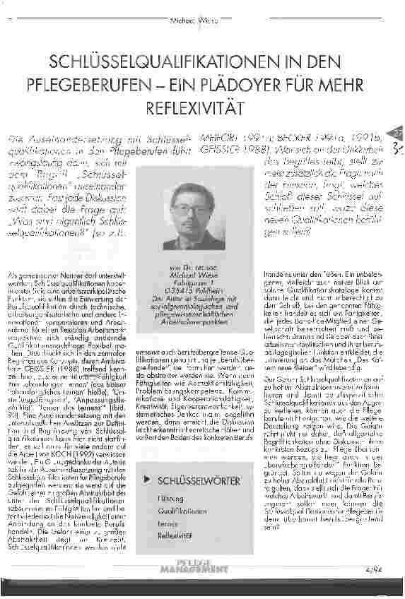 Vorschauseite 1: Schlüsselqualifikationen in den Pflegeberufen - ein Plädoyer für mehr Reflexivität