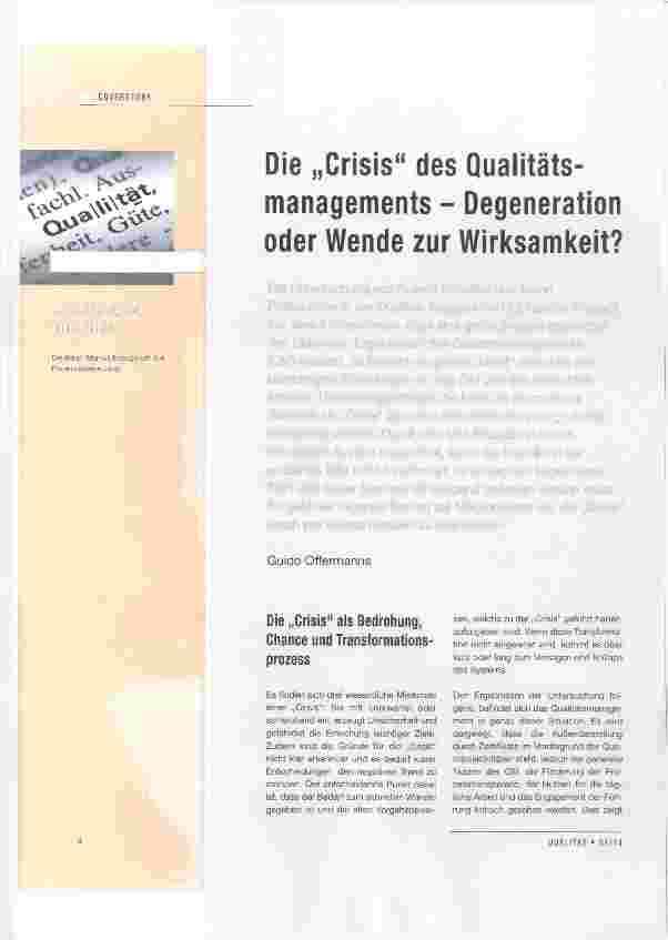 Vorschauseite 1: Die „Crisis“ des Qualitätsmanagements Degeneration oder Wende zur Wirksamkeit?