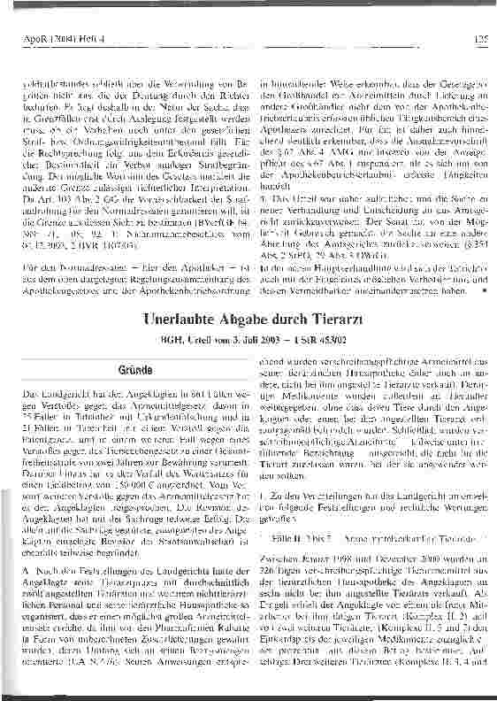Vorschauseite 1: Unerlaubte Abgabe durch TierarztBGH, Urteil vom 3. Juli 2003 - 1 StR 453/02