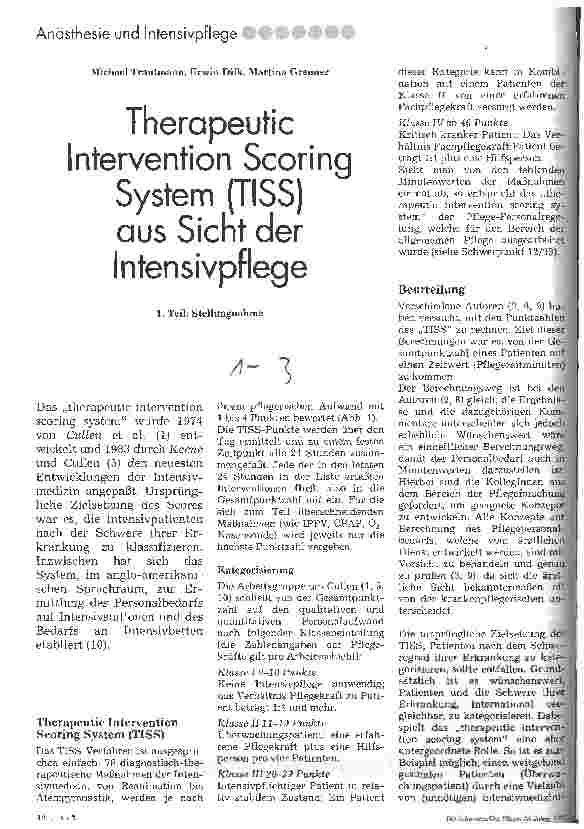 Vorschauseite 1: Therapeutic Intervention Scoring System (TISS) aus der Sicht der Intensivpflege 1.Teil: Stellungnahme