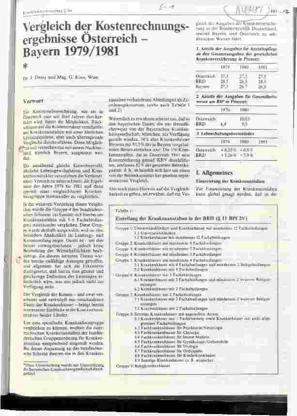 Vorschauseite 1: Vergleich der Kostenrechnungsergebnisse Österreich - Bayern 1979/1981