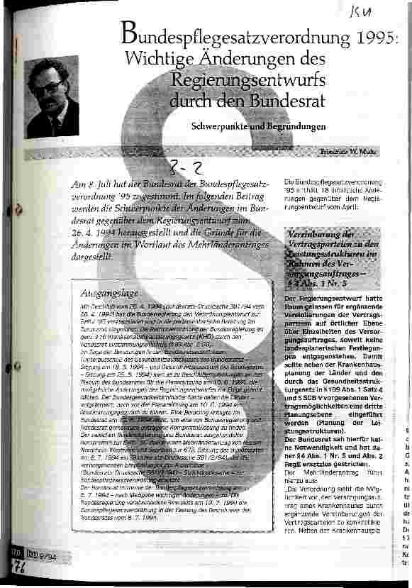 Vorschauseite 1: Bundespflegesatzverordnung 1995: Wichtige Änderungen des Regierungsentwurfs durch den Bundesrat Schwerpunkte und Begründungen