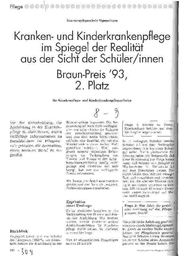 Vorschauseite 1: Krankenund Kinderkrankenpflege im Spiegel der Realität aus der Sicht der Schüler/innen Braun-Preis 93, 2. Platz
