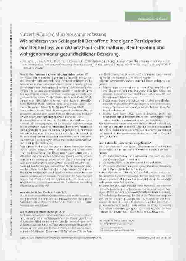 Vorschauseite 1: Nutzerfreundliche Studienzusammenfassung Wie schätzen von Schlaganfall Betroffene ihre eigene Partizipation ein? Der Einfluss von Aktivitätsaufrechterhaltung, Reintegration und wa…