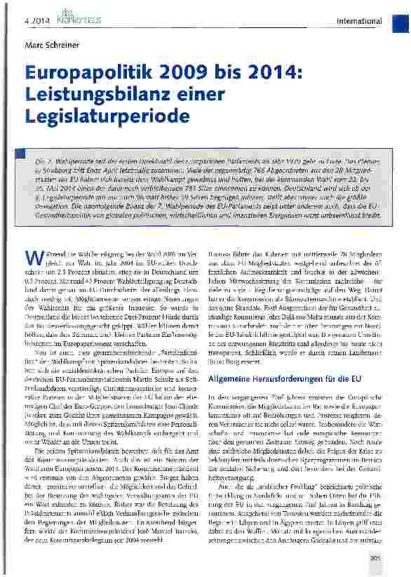 Vorschauseite 1: Europapolitik 2009 bis 2014 Leistungsbilanz einer Legislaturperiode
