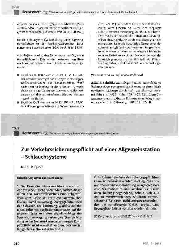 Vorschauseite 1: Zur Verkehrssicherungspflicht auf einer Allgemeinstation - Schlauchsysteme BGB § 280, § 823