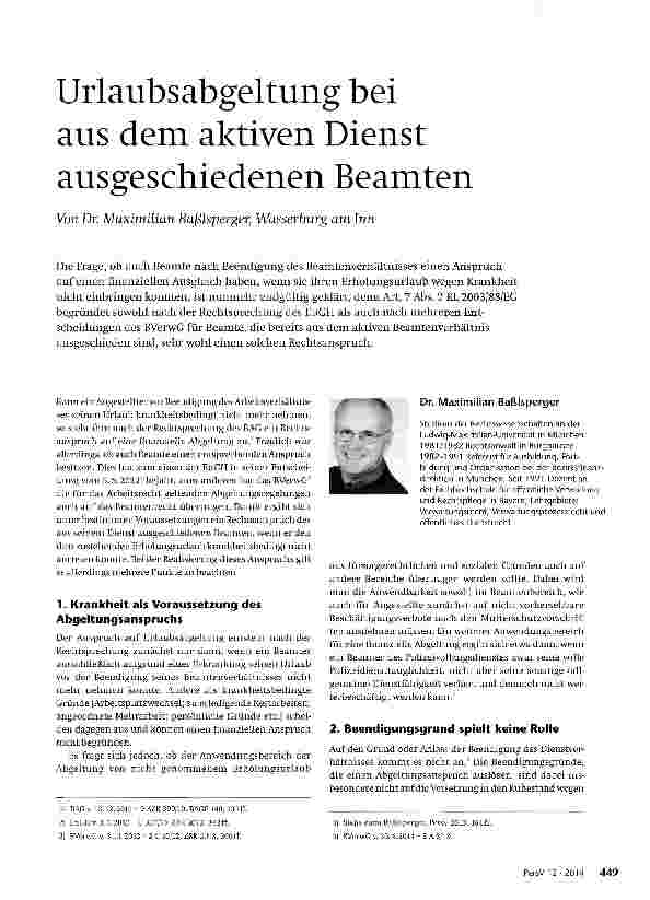 Vorschauseite 1: Urlaubsabgeltung bei aus dem aktiven Dienst ausgeschiedenen Beamten