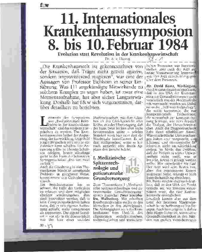 Vorschauseite 1: 11. Internationales Krankenhaussymposion 8.-10. Feb. 1984 Evolution statt Revolution in der Krankenhauswirtschaft