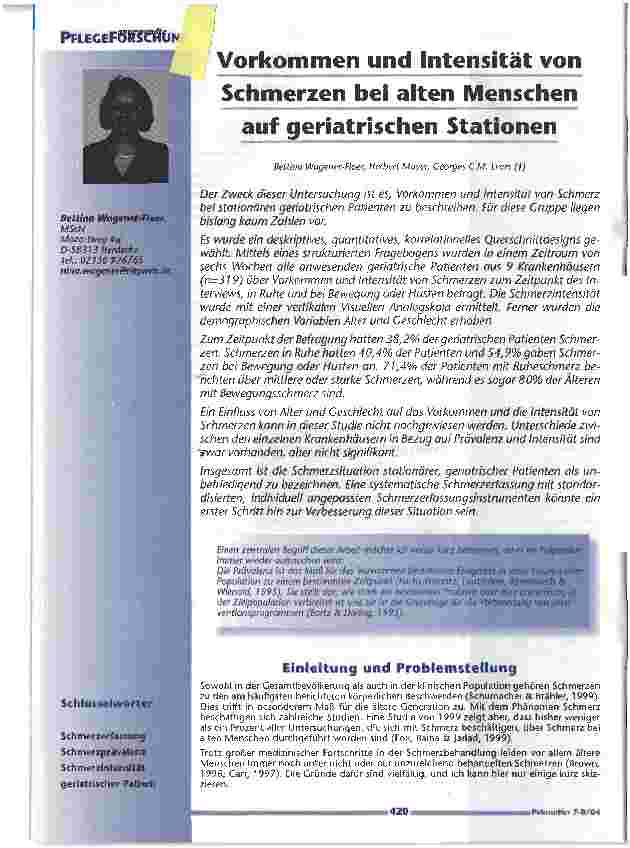 Vorschauseite 1: Vorkommen und Intensität von Schmerzen bei alten Menschen auf geriatrischen Stationen