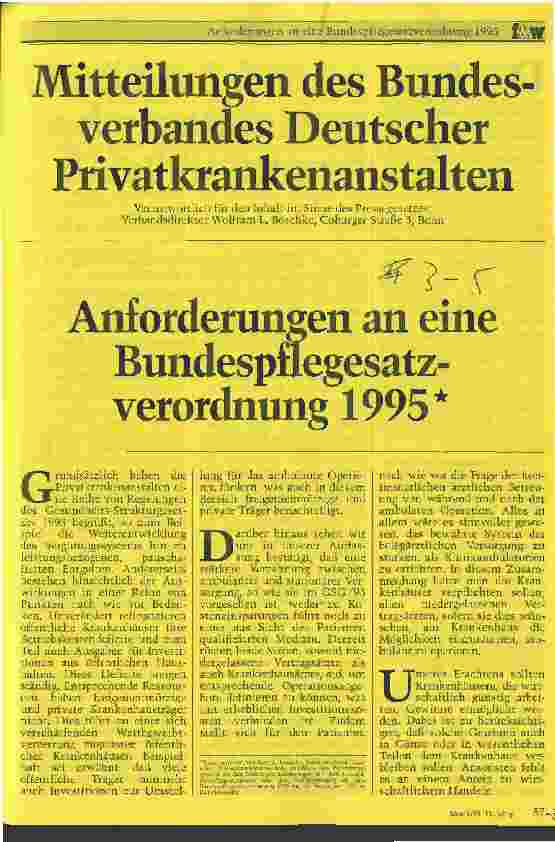 Vorschauseite 1: Mitteilungen des Bundesverbandes Deutscher Privatkrankenanstalten Anforderungen an eine Bundespflegesatzverordnung 1995