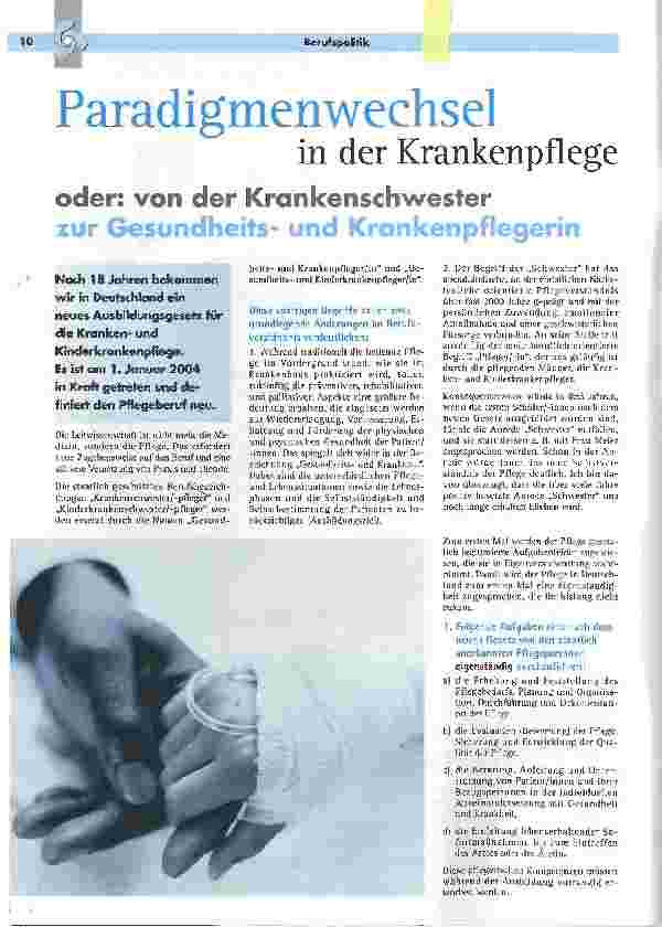 Vorschauseite 1: Paradigmenwechsel in der Krankenpflegeoder: von der Krankenschwester zur Gesundheitsund Krankenpflegerin