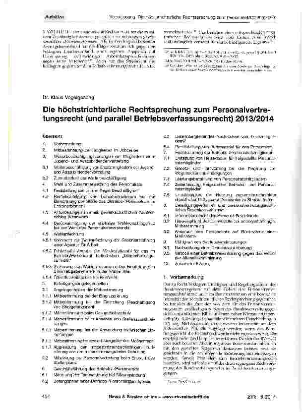 Vorschauseite 1: Die höchstrichterliche Rechtsprechung zum Personalvertre-tungsrecht (und parallel Betriebsverfassungsrecht) 2013/2014