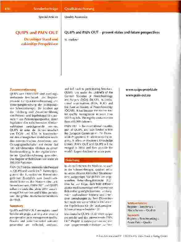 Vorschauseite 1: QUIPS und PAIN OUT Derzeitiger Stand und zukünftige Perspektiven