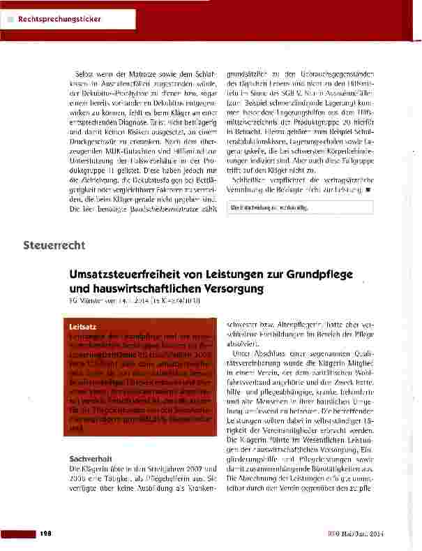 Vorschauseite 1: Umsatzsteuerfreiheit von Leistungen zur Grundpflege und hauswirtschaftlichen VersorgungFG Münster vom 14.1.2014 (15 K 4674/10 U)