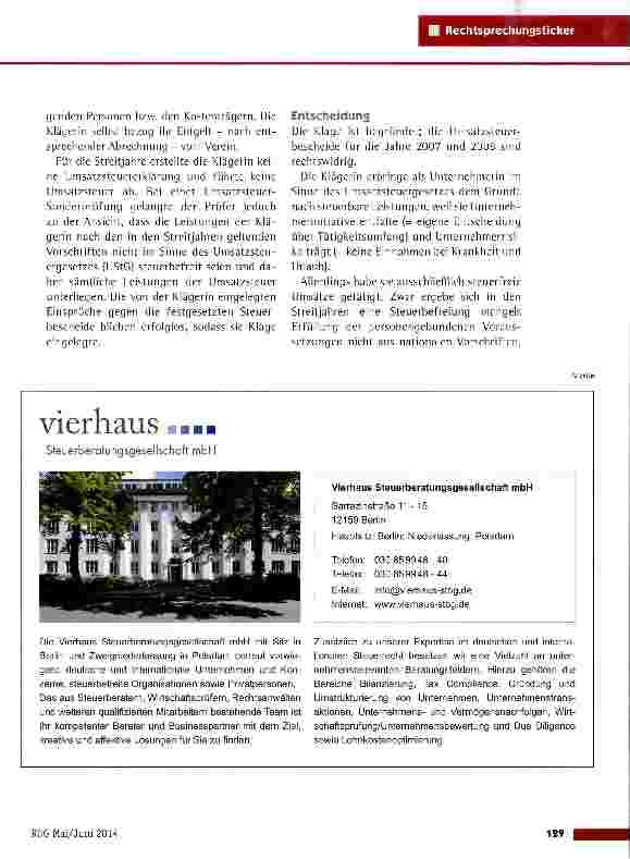 Vorschauseite 2: Umsatzsteuerfreiheit von Leistungen zur Grundpflege und hauswirtschaftlichen VersorgungFG Münster vom 14.1.2014 (15 K 4674/10 U)