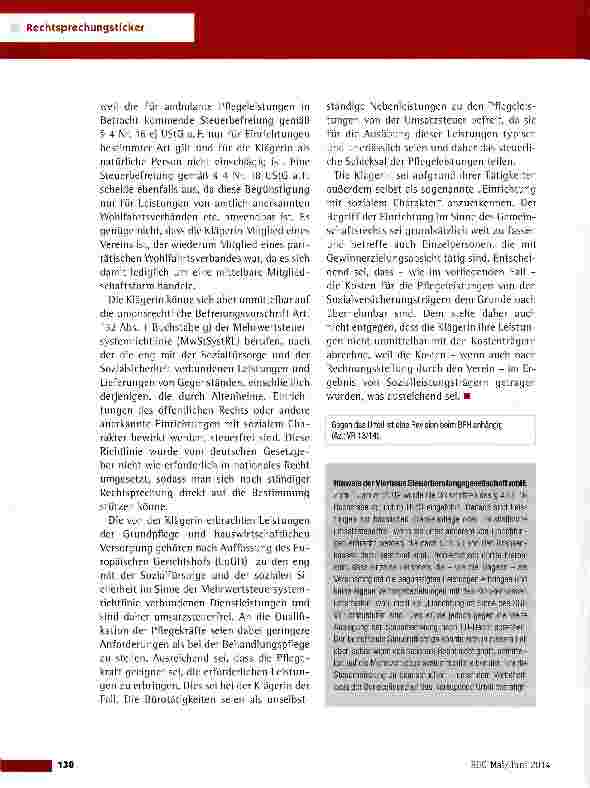 Vorschauseite 3: Umsatzsteuerfreiheit von Leistungen zur Grundpflege und hauswirtschaftlichen VersorgungFG Münster vom 14.1.2014 (15 K 4674/10 U)