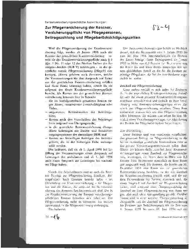 Vorschauseite 1: Zur Pflegeverischerung der Rentner, Versicherungspflicht von Pflegepersonen, Beitragszahlung und Pflegeberücksichtigungszeiten
