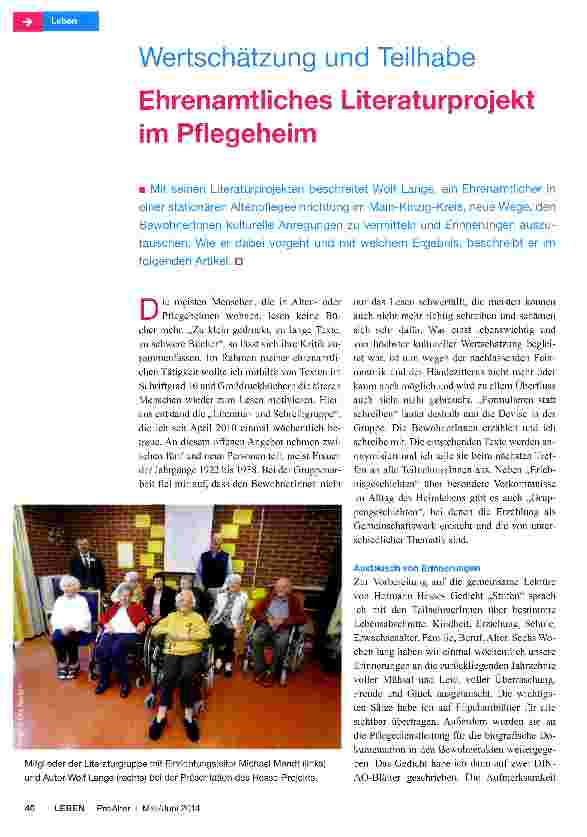 Vorschauseite 1: Wertschätzung und Teilhabe Ehrenamtliches Literaturprojekt im Pflegeheim
