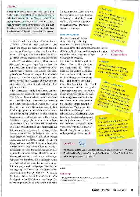 Vorschauseite 2: Wertschätzung und Teilhabe Ehrenamtliches Literaturprojekt im Pflegeheim