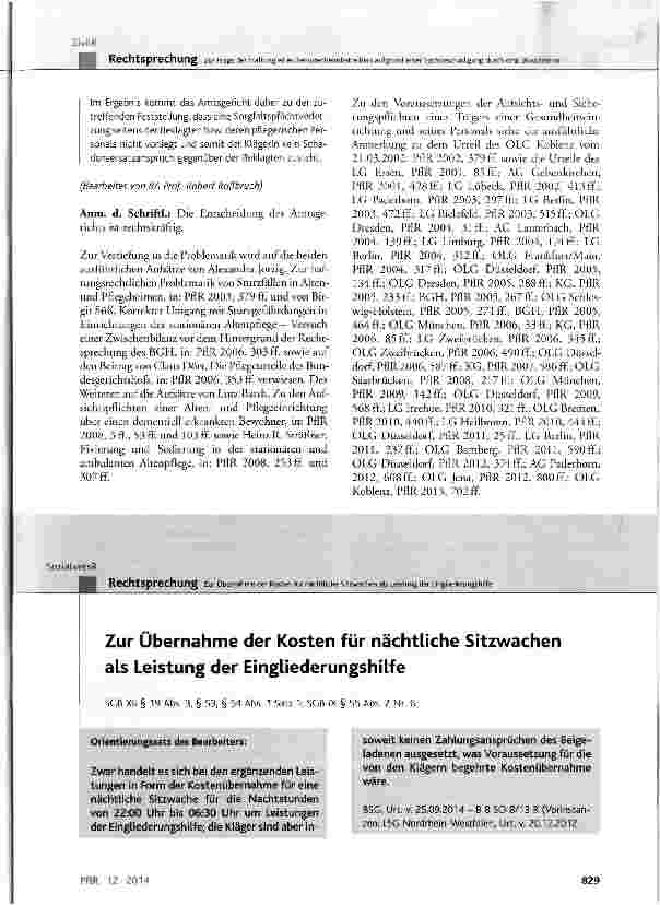 Vorschauseite 1: Zur Übernahme der Kosten für nächtliche Sitzwachen als Leistung der EingliederungshilfeSCB XII § 19 Abs. 3, § 53, § 54 Abs. 1 Satz 1; SGB IX § 55 Abs. 2 Nr. 6