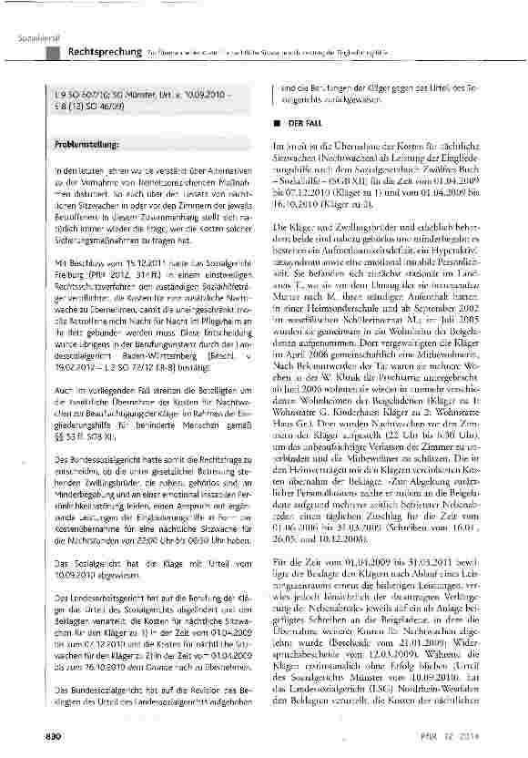 Vorschauseite 2: Zur Übernahme der Kosten für nächtliche Sitzwachen als Leistung der EingliederungshilfeSCB XII § 19 Abs. 3, § 53, § 54 Abs. 1 Satz 1; SGB IX § 55 Abs. 2 Nr. 6