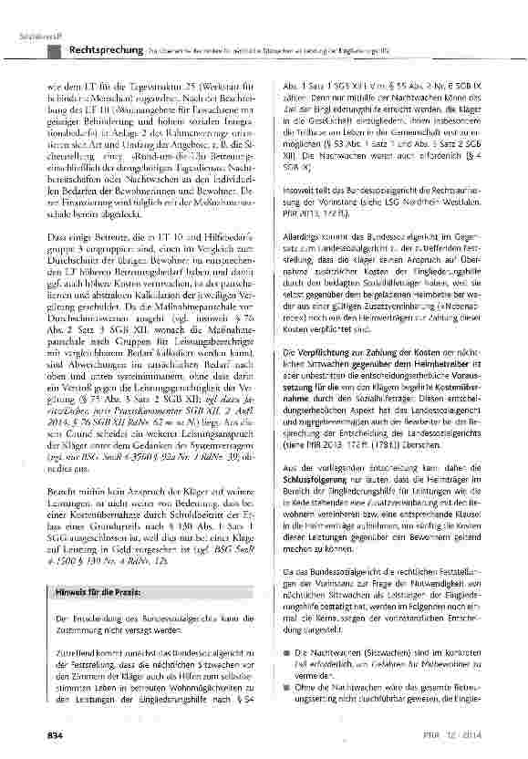Vorschauseite 6: Zur Übernahme der Kosten für nächtliche Sitzwachen als Leistung der EingliederungshilfeSCB XII § 19 Abs. 3, § 53, § 54 Abs. 1 Satz 1; SGB IX § 55 Abs. 2 Nr. 6
