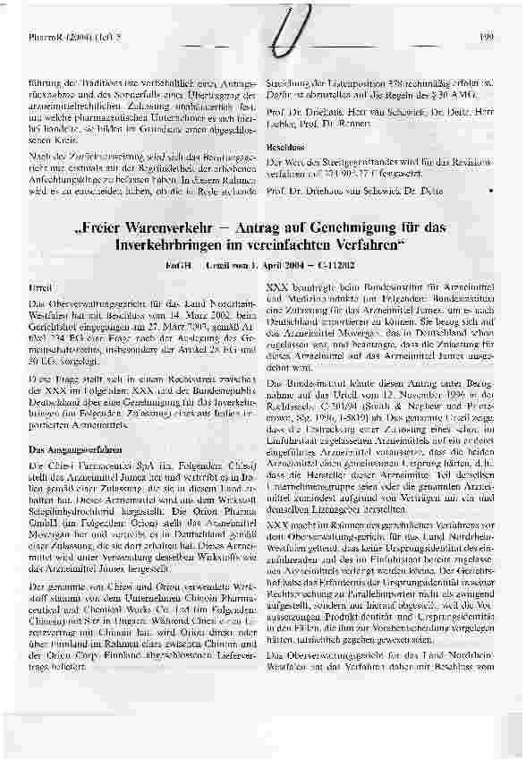 Vorschauseite 1: Freier Warenverkehr - Antrag auf Genehmigung für das Inverkehrbringen im vereinfachten VerfahrenEuGH - Urteil vom 1. April 2004 - C-112/02