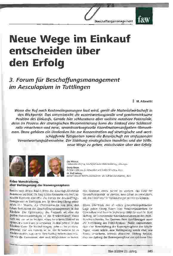 Vorschauseite 1: Neue Wege im Einkauf entscheiden über den Erfolg3. Forum für Beschaffungsmanagement im Aesculapium in Tuttlingen