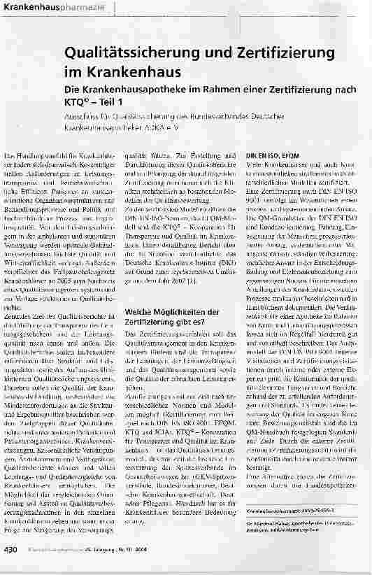 Vorschauseite 1: Qualitätssicherung und Zertifizierung im KrankenhausDie Krankenhausapotheke im Rahmen einer Zertifizierung nach KTQ®-Teil 1