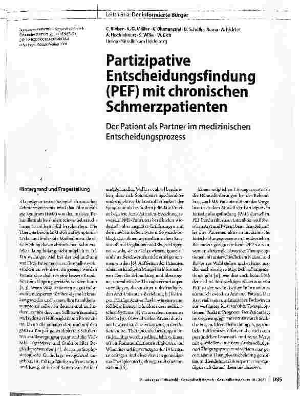 Vorschauseite 1: Partizipative Entscheidungsfindung (PEF) mit chronischen SchmerzpatientenDer Patient als Partner im medizinischen Entscheidungsprozess