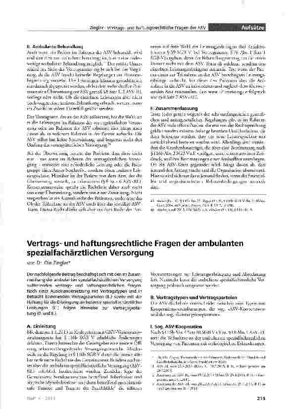 Vorschauseite 1: Vertragsund haftungsrechtliche Fragen der ambulanten spezialfachärztlichen Versorgung