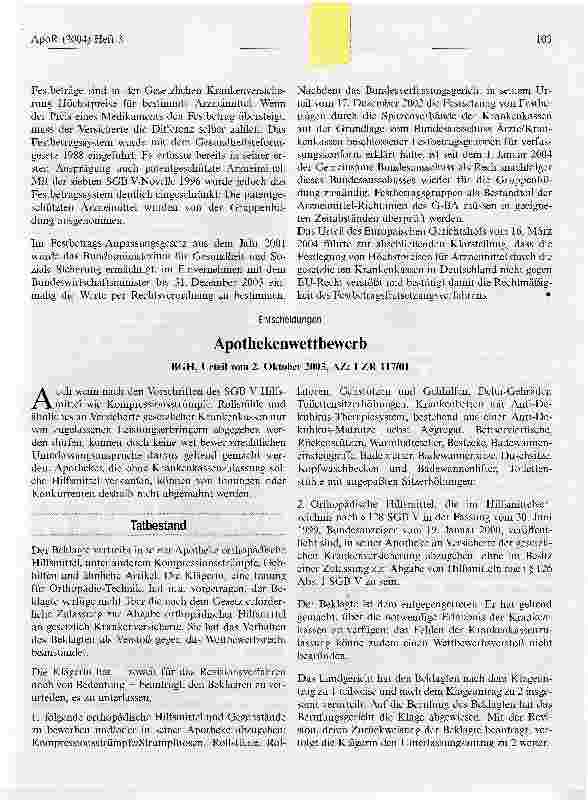Vorschauseite 1: ApothekenwettbewerbBGH, Urteil vom 2. Oktober 2003, AZ: I ZR 117/01