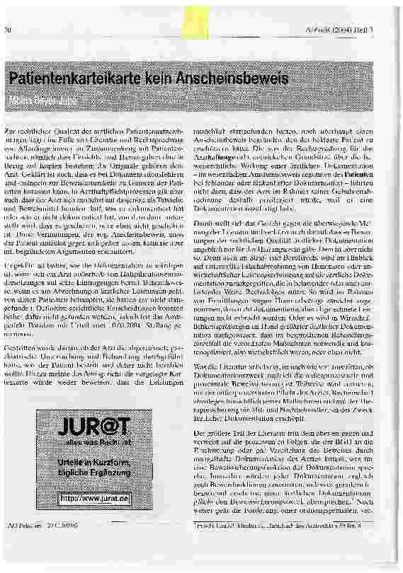 Vorschauseite 1: Patientenkarteikarte kein Anscheinsbeweis