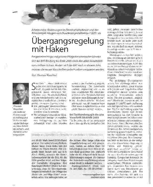 Vorschauseite 1: Übergangsregelung mit HakenArbeitsrecht: Änderungen im Bereitschaftsdienst und der Altersteilzeit hängen vom Bundesangestelltentarif (BAT) ab