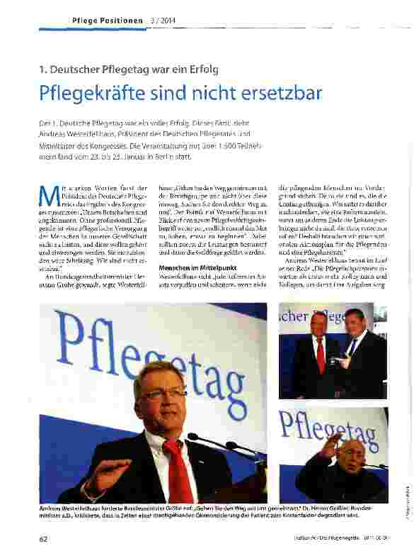 Vorschauseite 1: 1. Deutscher Pflegetag war ein Erfolg Pflegekräfte sind nicht ersetzbar