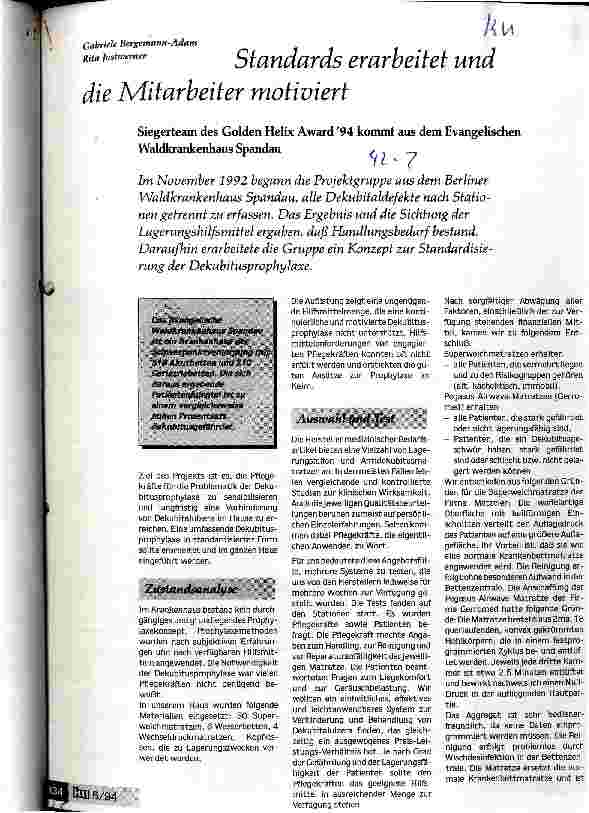 Vorschauseite 1: Standards erarbeitet und die Mitarbeiter motiviert Siegerteam des Golden Helix Award 94 kommt aus dem Ev.Waldkrankenhaus Spandau