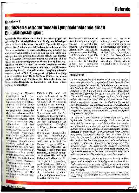 Vorschauseite 1: Modifizierte retroperitoneale Lymphadenektomie erhält Ejakulationsfähigkeit Hodentumore
