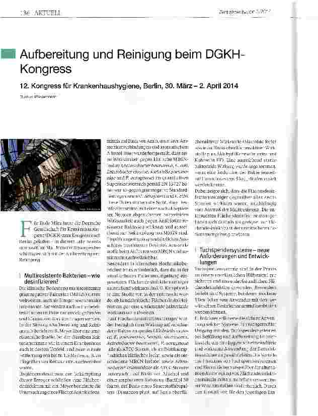 Vorschauseite 1: Aufbereitung und Reinigung beim DGKH Kongress 12. Kongress für Krankenhaushygiene, Berlin, 30. März - 2. April 2014