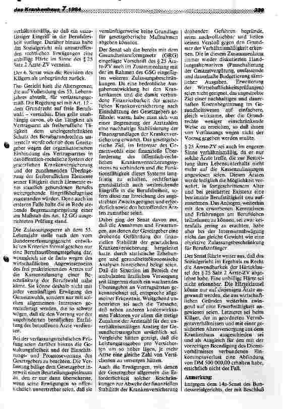 Vorschauseite 2: Verfassungsmäßigkeit der Altersgrenze für Vertragsärzte Urteil Bundessozialgericht, 24.11.93 - 6 RKa 26/91