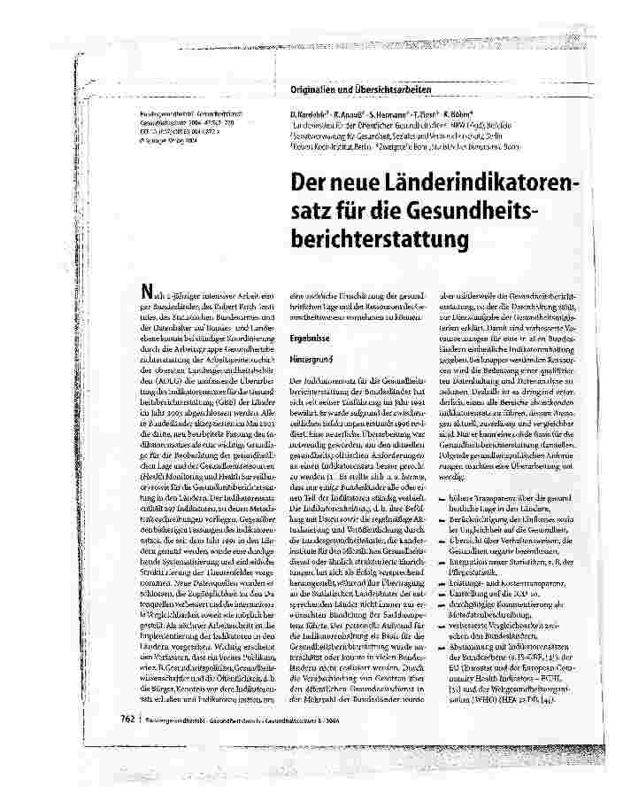 Vorschauseite 1: Der neue Länderindikatorensatz für die Gesundheitsberichterstattung