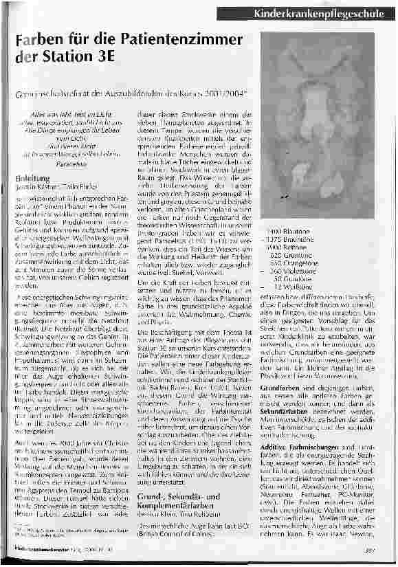 Vorschauseite 1: Farben für die Patientenzimmer der Station 3EGemeinschaftsreferat der Auszubildenden des Kurses 2001/2004