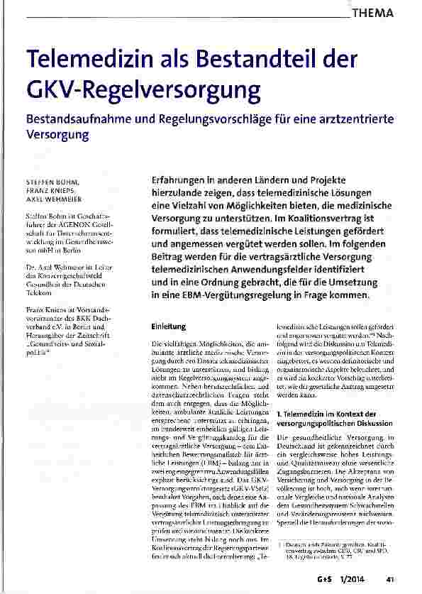 Vorschauseite 1: Telemedizin als Bestandteil der GKV-Regelversorgung