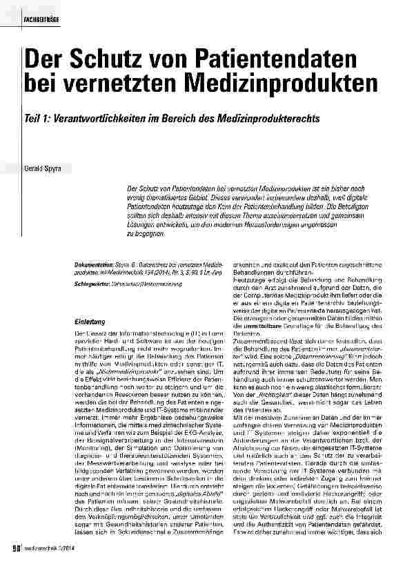 Vorschauseite 1: Der Schutz von Patientendaten bei vernetzten Medizinprodukten Teil 1: Verantwortlichkeiten im Bereich des Medizinprodukterechts