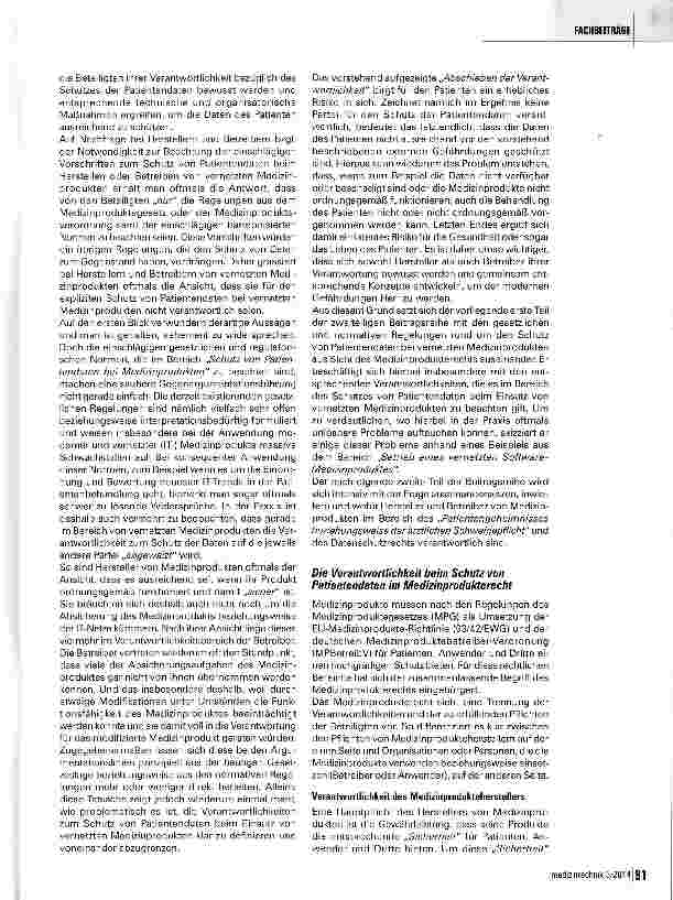 Vorschauseite 2: Der Schutz von Patientendaten bei vernetzten Medizinprodukten Teil 1: Verantwortlichkeiten im Bereich des Medizinprodukterechts