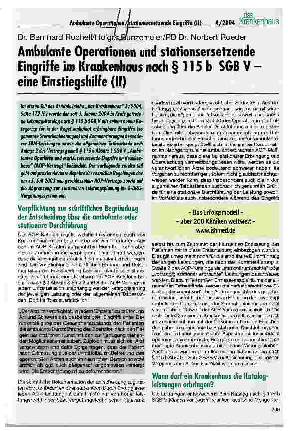 Vorschauseite 1: Ambulante Operationen und Stationsersetzende Eingriffe im Krankenhaus nach § 115 b SGB V -eine Einstiegshilfe (II)