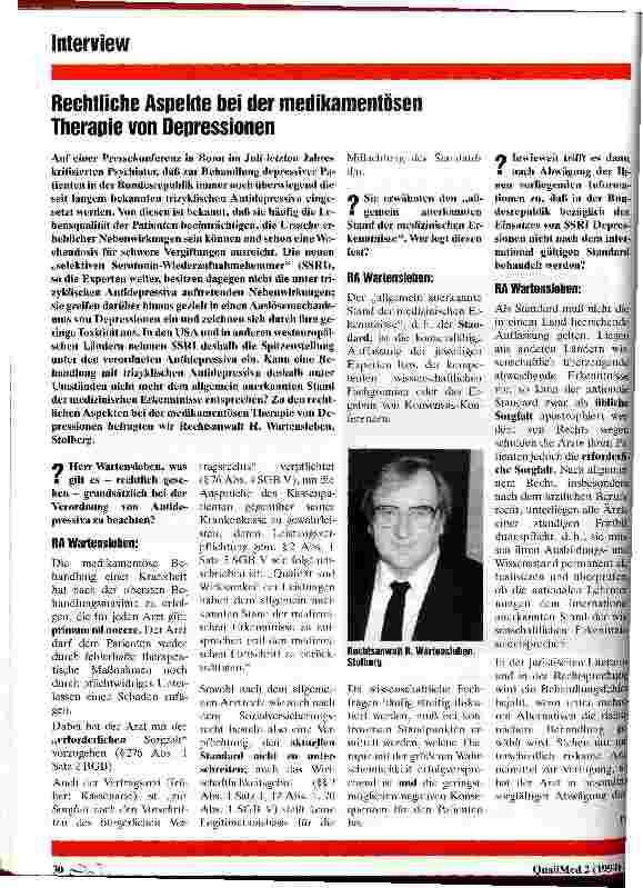 Vorschauseite 1: Rechtliche Aspekte bei der medikamentösen Therapie von Depressionen Interview mit Rechtsanwalt H. Wartensleben