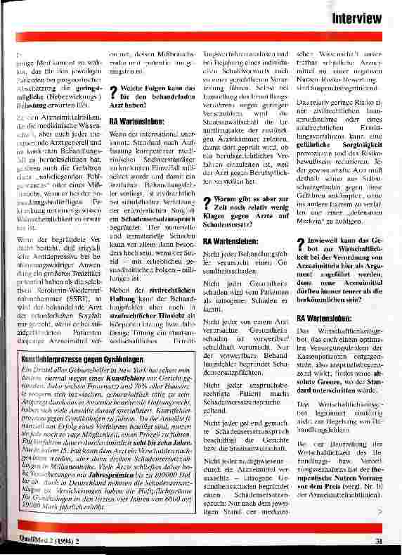 Vorschauseite 2: Rechtliche Aspekte bei der medikamentösen Therapie von Depressionen Interview mit Rechtsanwalt H. Wartensleben