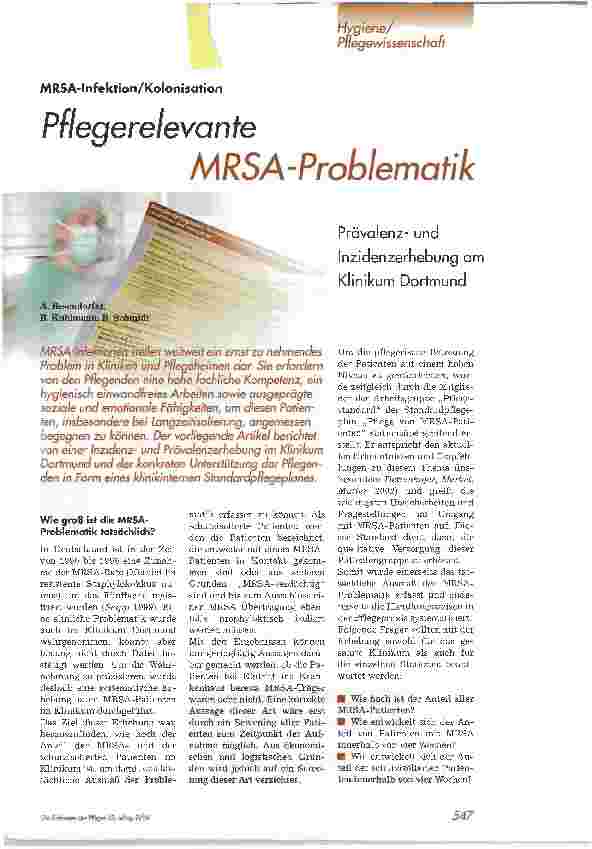 Vorschauseite 1: Pflegerelevante MRSA-ProblematikPrävalenzund Inzidenzerhebung am Klinikum Dortmund