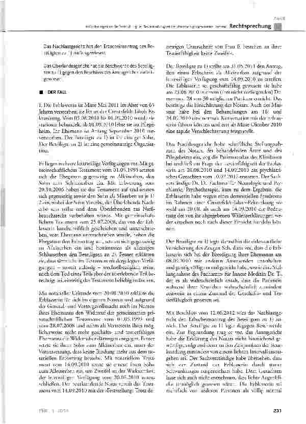 Vorschauseite 2: Anforderungen an die Feststellung der Testierunfähigkeit bei chronisch-progredienter Demenz BGB§ 2229 Abs. 4