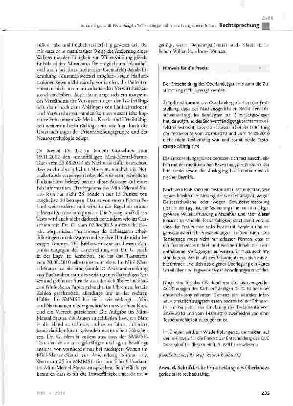 Vorschauseite 6: Anforderungen an die Feststellung der Testierunfähigkeit bei chronisch-progredienter Demenz BGB§ 2229 Abs. 4